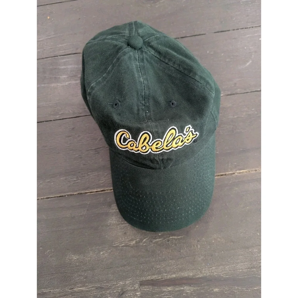 Cabelas Hat Cap Green Yellow Strapback Adjustable Distressed Embroidered